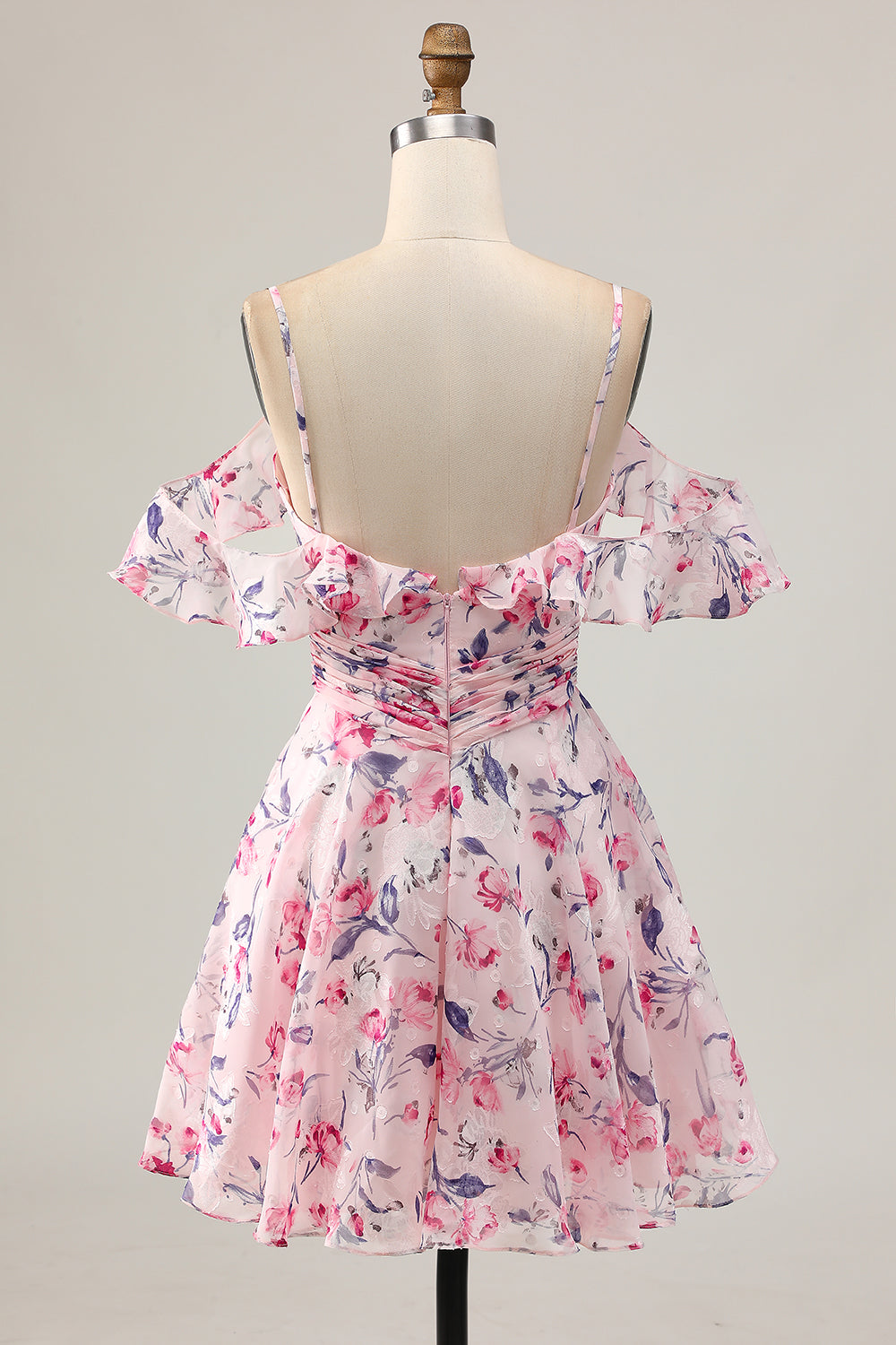 Pink Floral A Line Cold Shoulder Short Cocktail Dress