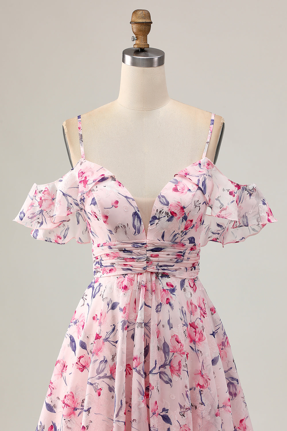 Pink Floral A Line Cold Shoulder Short Cocktail Dress