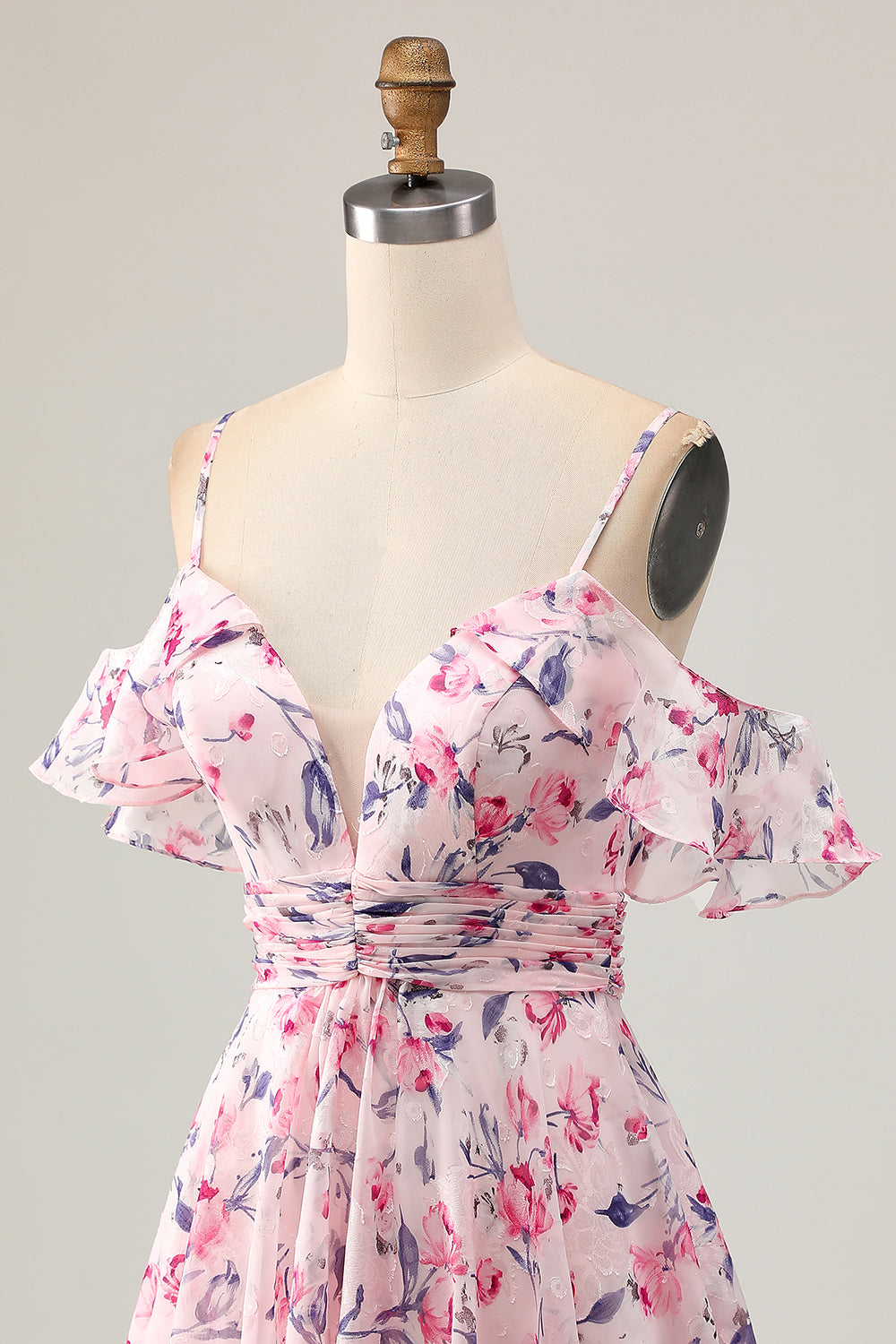 Pink Floral A Line Cold Shoulder Short Cocktail Dress