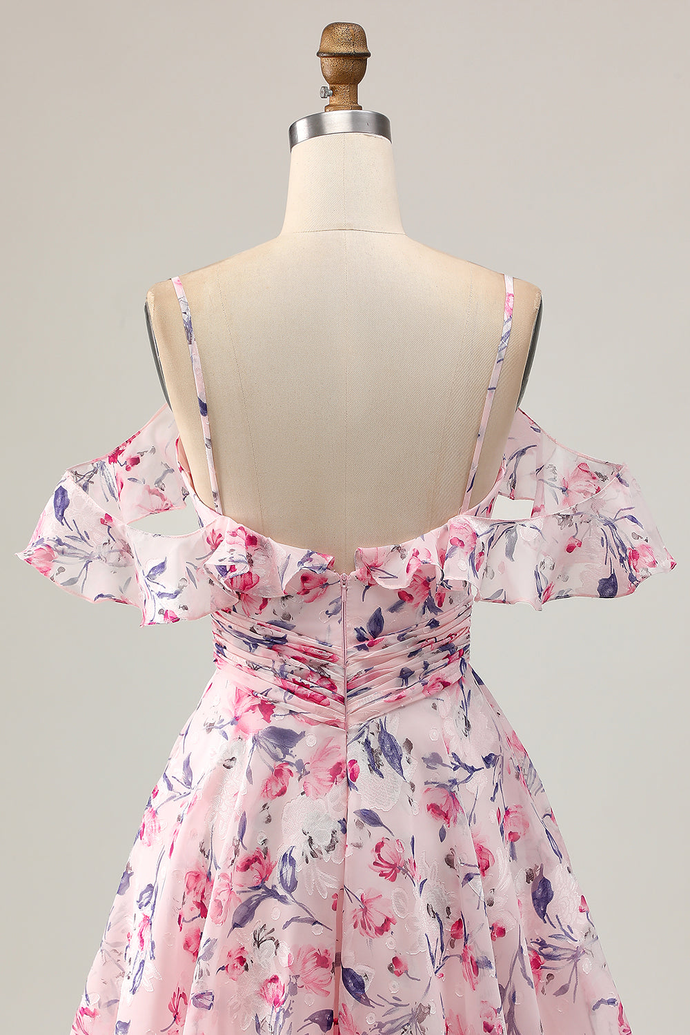 Pink Floral A Line Cold Shoulder Short Cocktail Dress