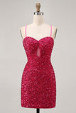 Sparkly Sequins Fuchsia Spaghetti Straps Short Tight Homecoming Dress