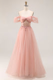 Blush Off The Shoulder Beaded A Line Tulle Long Prom Dress