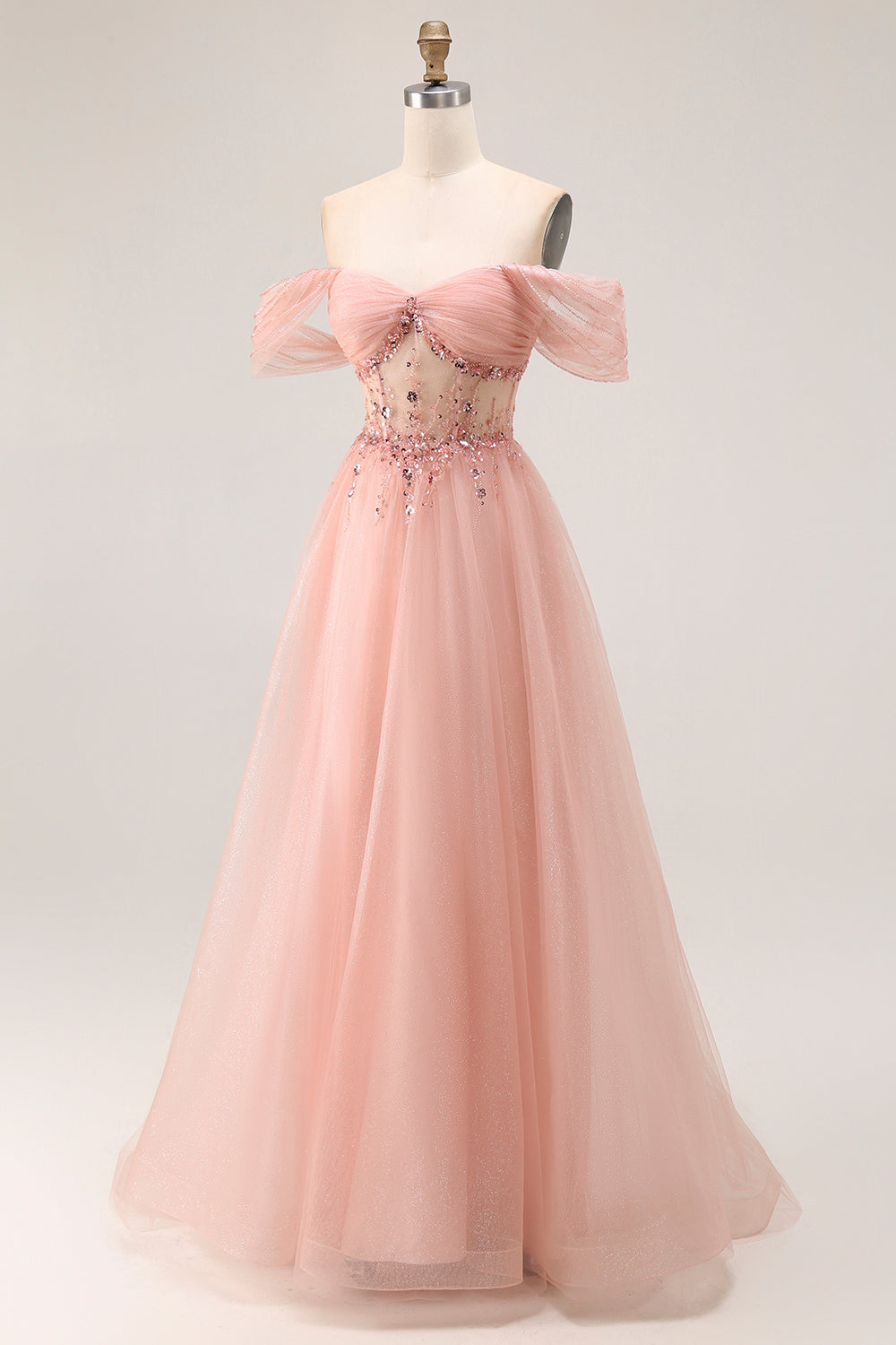 Blush Off The Shoulder Beaded A Line Tulle Long Prom Dress