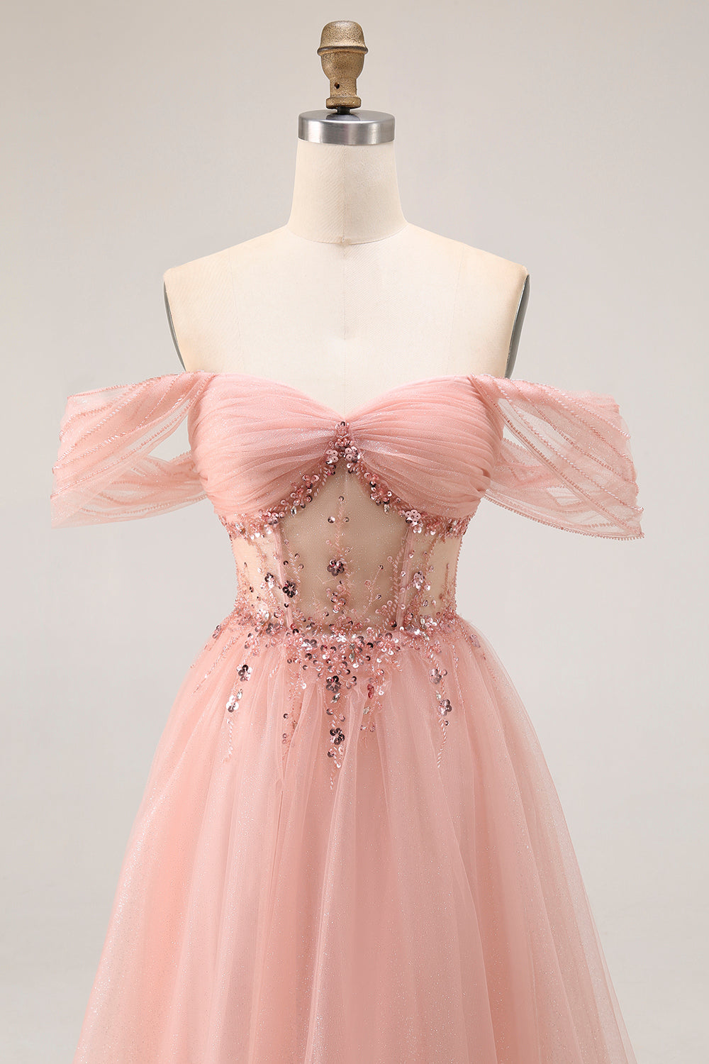 Blush Off The Shoulder Beaded A Line Tulle Long Prom Dress