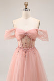 Blush Off The Shoulder Beaded A Line Tulle Long Prom Dress