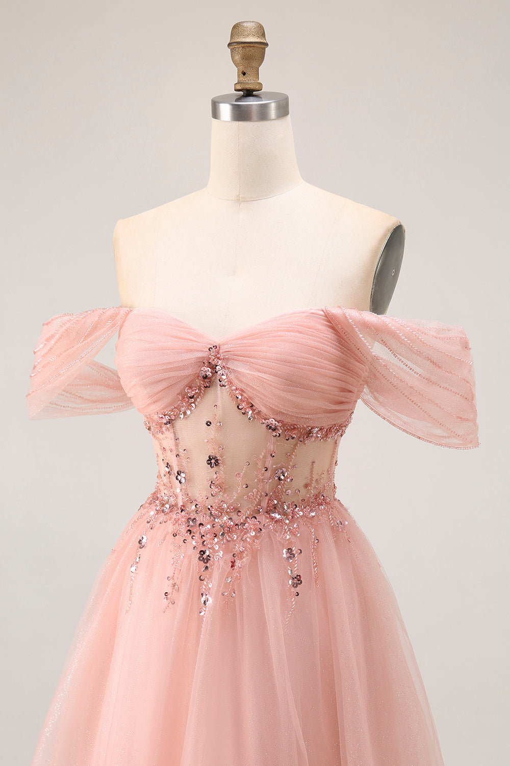 Blush Off The Shoulder Beaded A Line Tulle Long Prom Dress