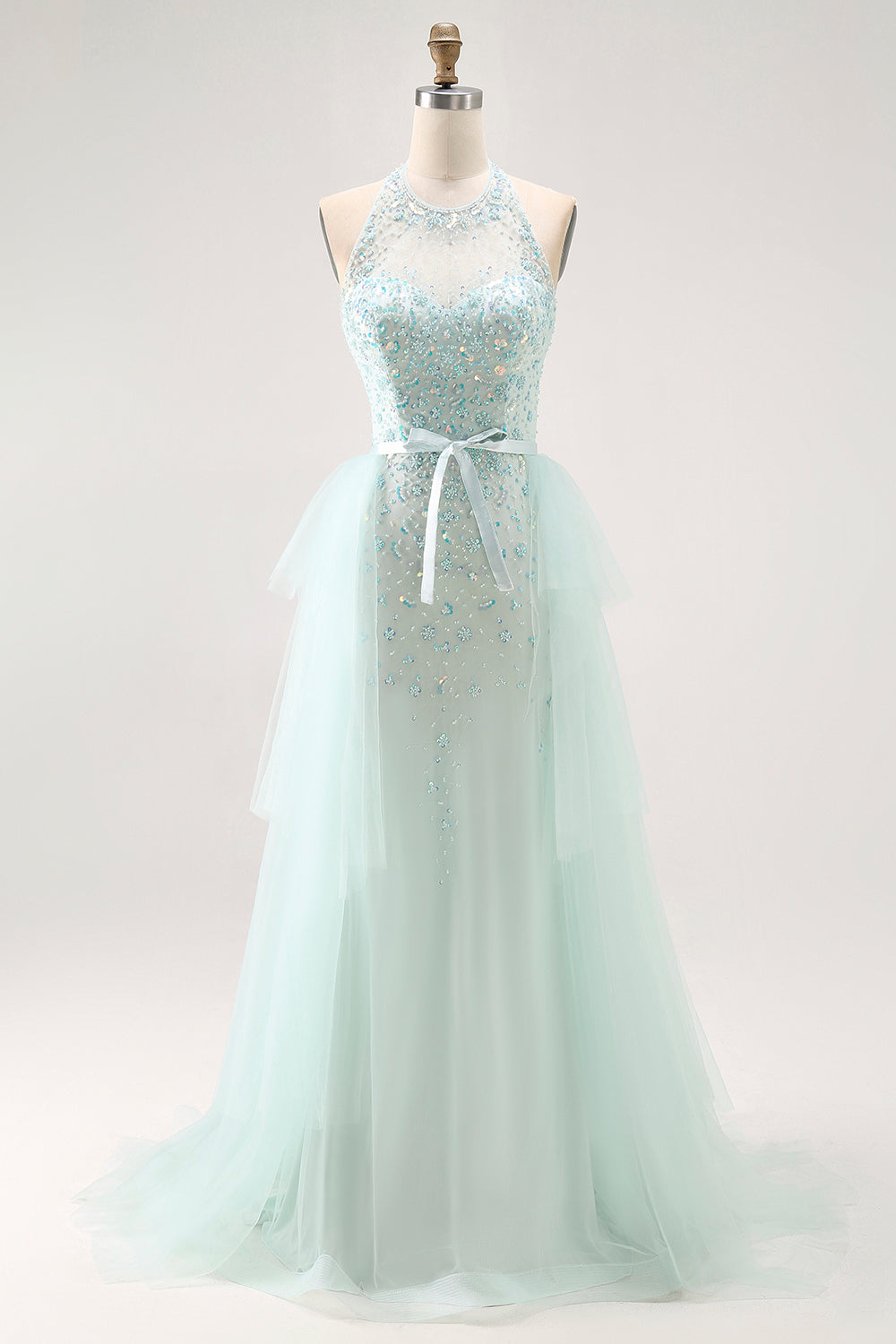 Sparkly Light Green A-Line Halter Sequins Corset Long Prom Dress with Beading