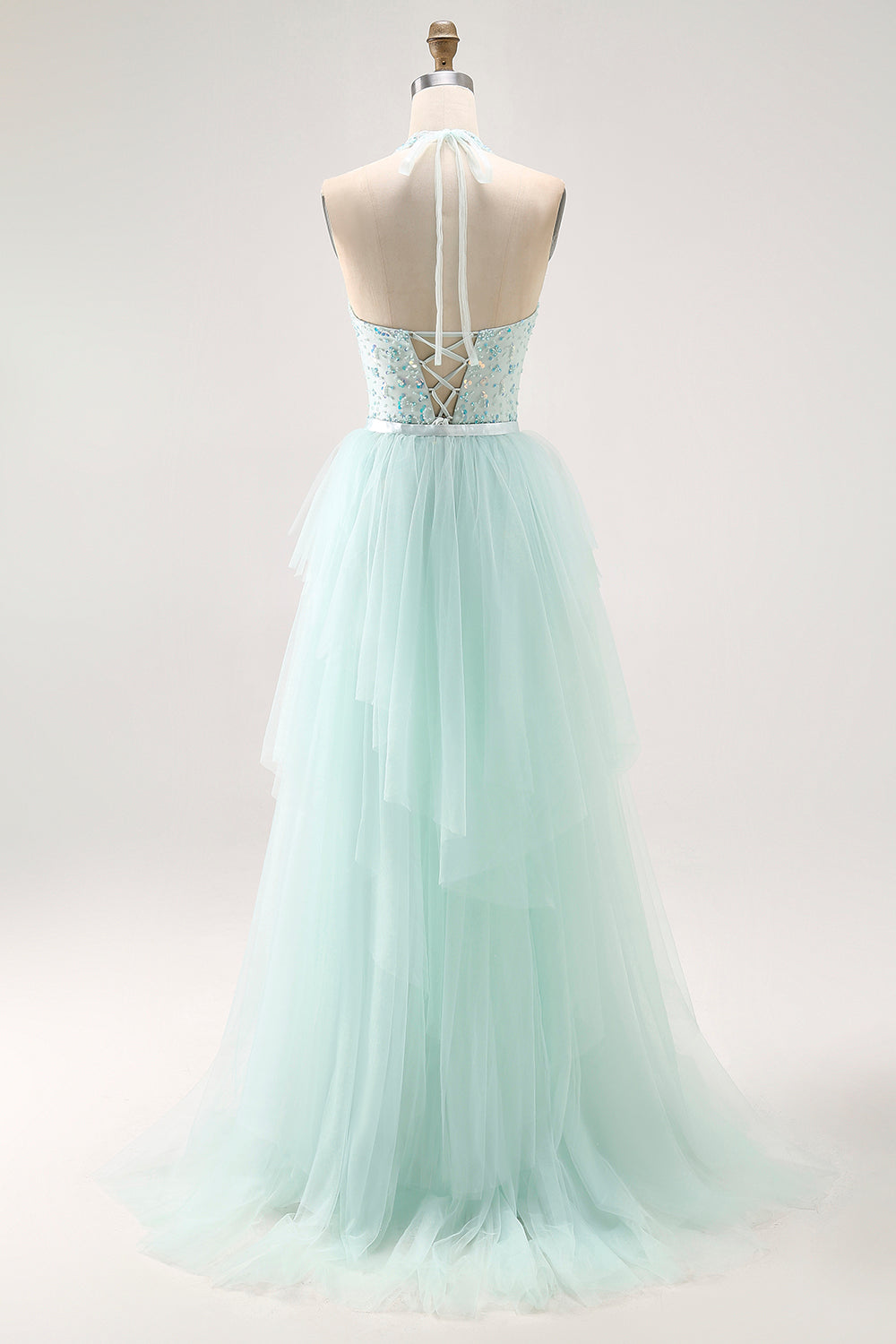 Sparkly Light Green A-Line Halter Sequins Corset Long Prom Dress with Beading