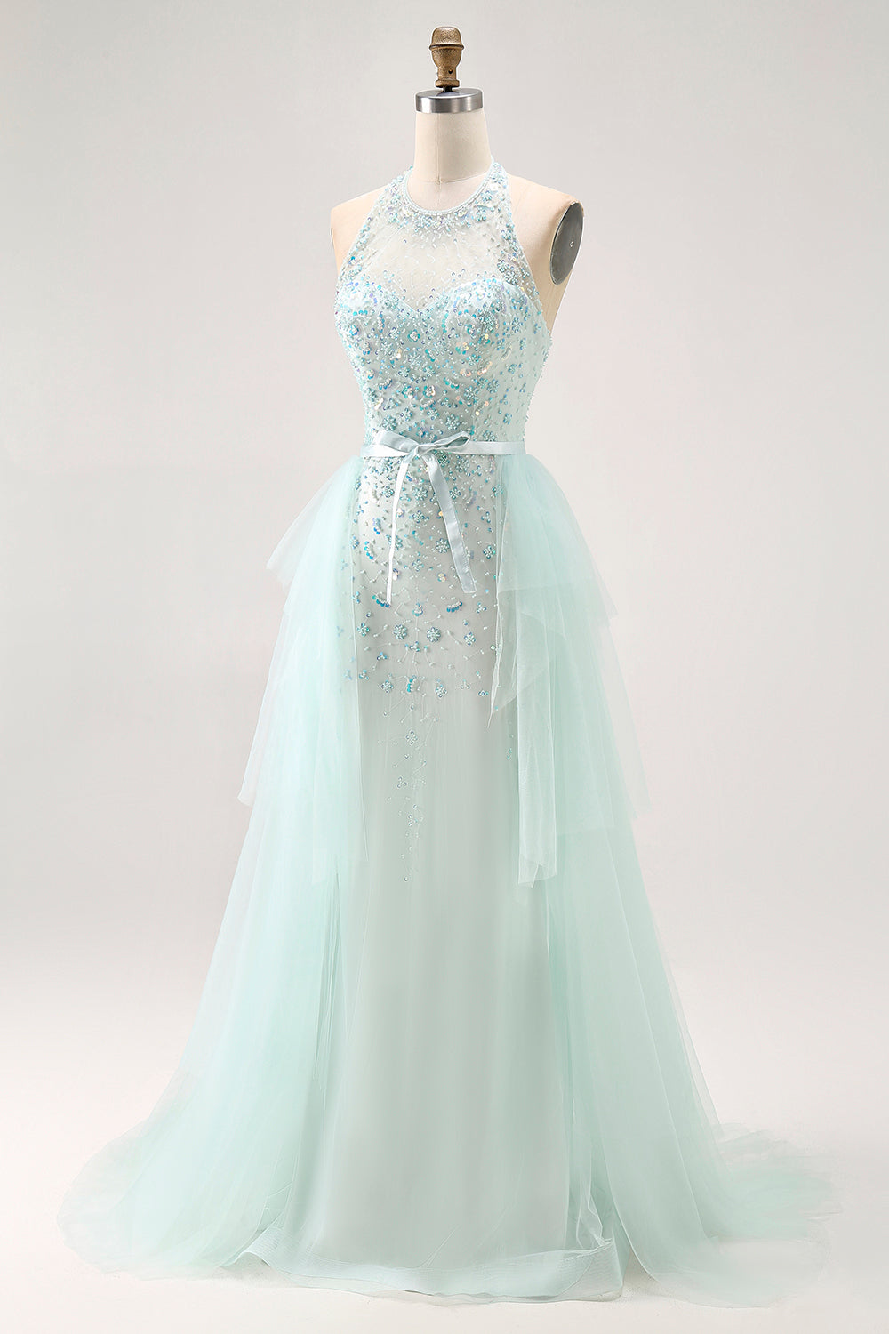 Sparkly Light Green A-Line Halter Sequins Corset Long Prom Dress with Beading