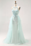 Sparkly Light Green A-Line Halter Sequins Corset Long Prom Dress with Beading