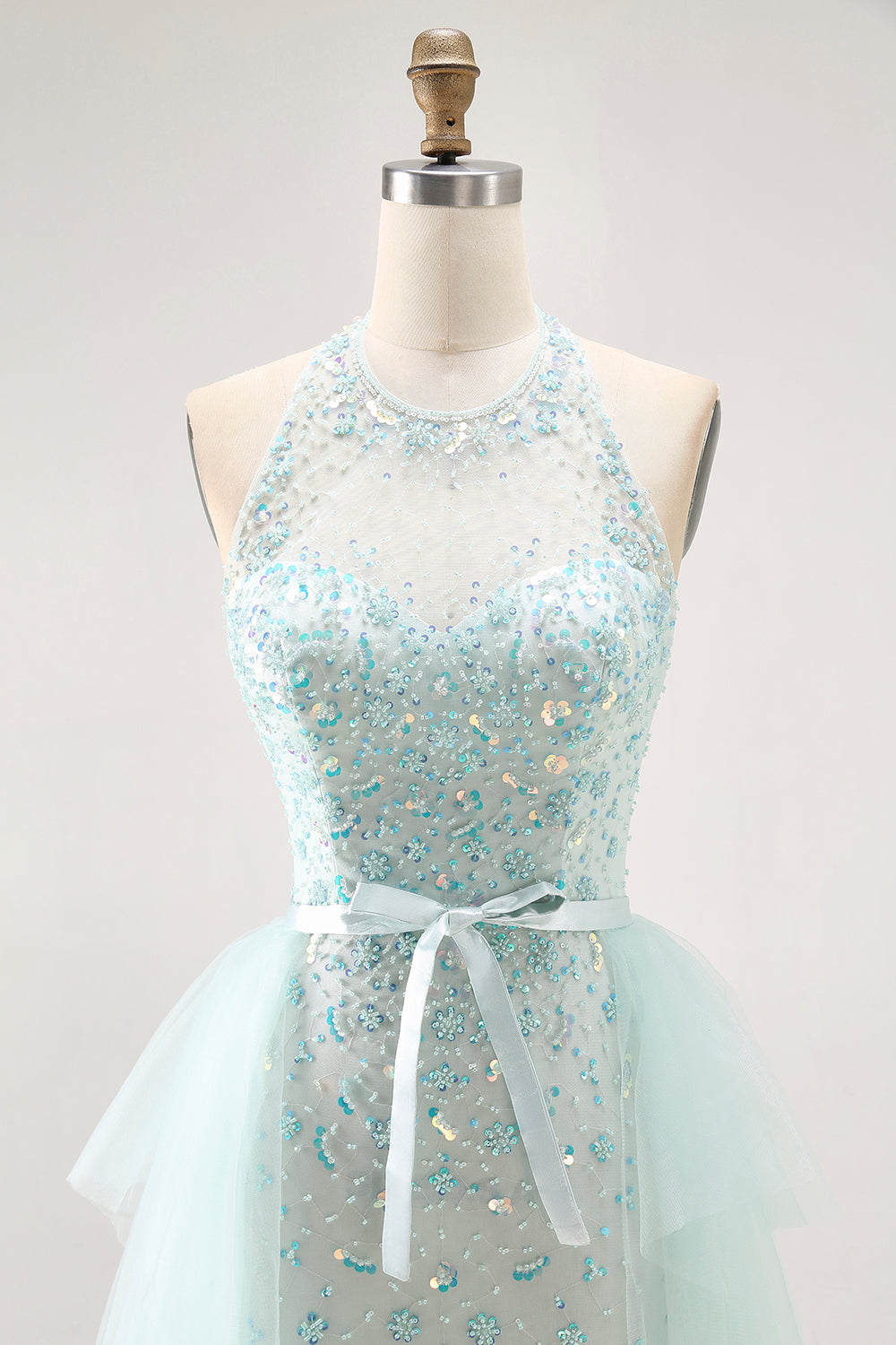 Sparkly Light Green A-Line Halter Sequins Corset Long Prom Dress with Beading