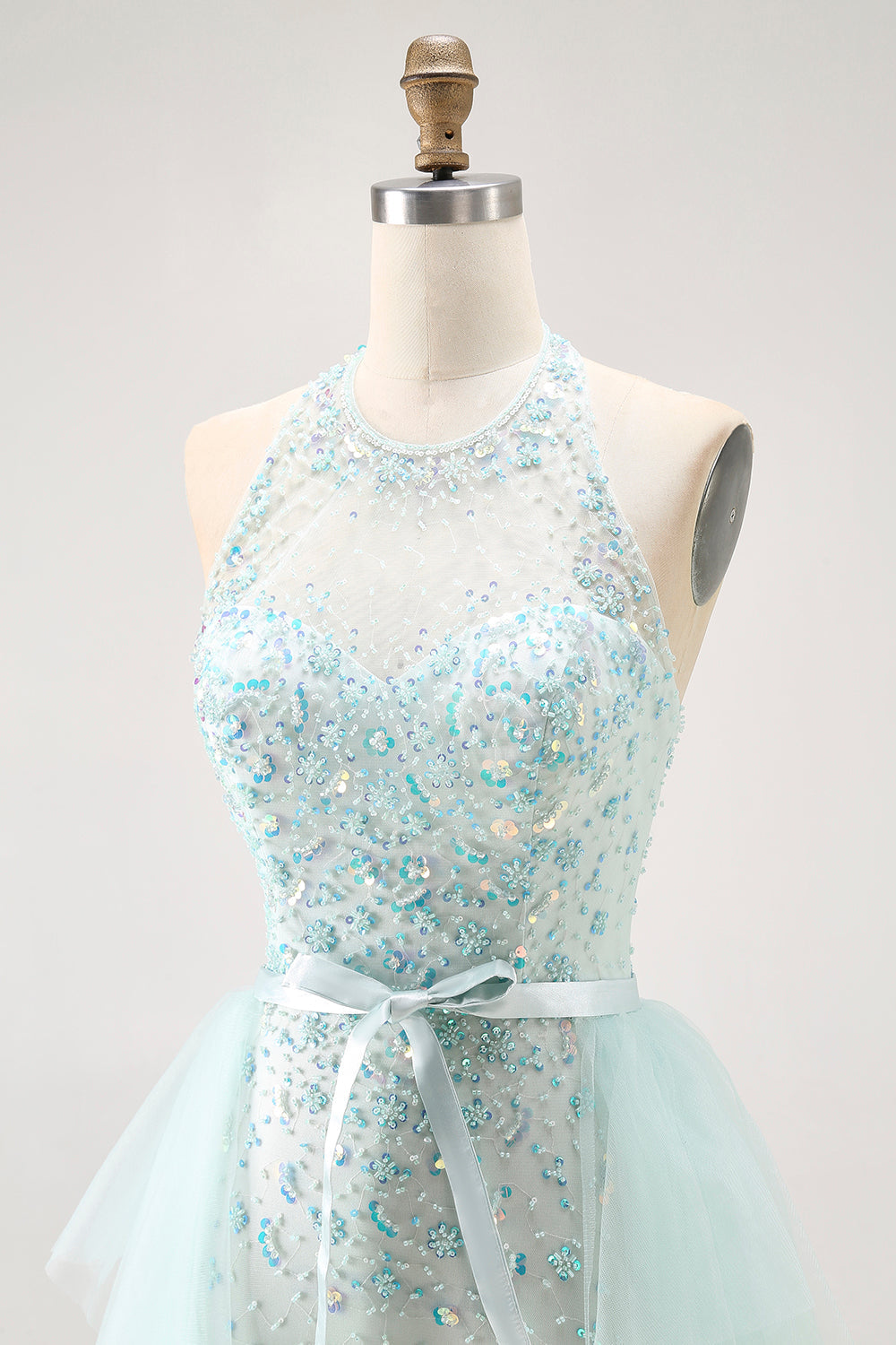 Sparkly Light Green A-Line Halter Sequins Corset Long Prom Dress with Beading