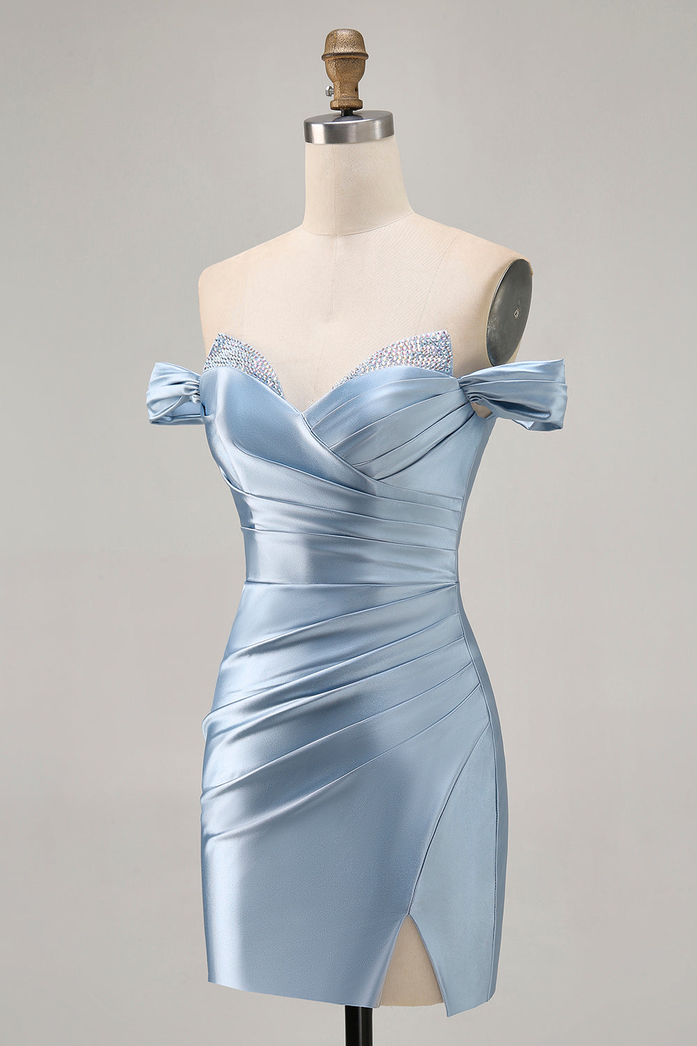 Grey Blue Off The Shoulder Ruched Bodycon Cocktail Dress