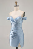 Grey Blue Off The Shoulder Ruched Bodycon Cocktail Dress