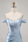 Grey Blue Off The Shoulder Ruched Bodycon Cocktail Dress