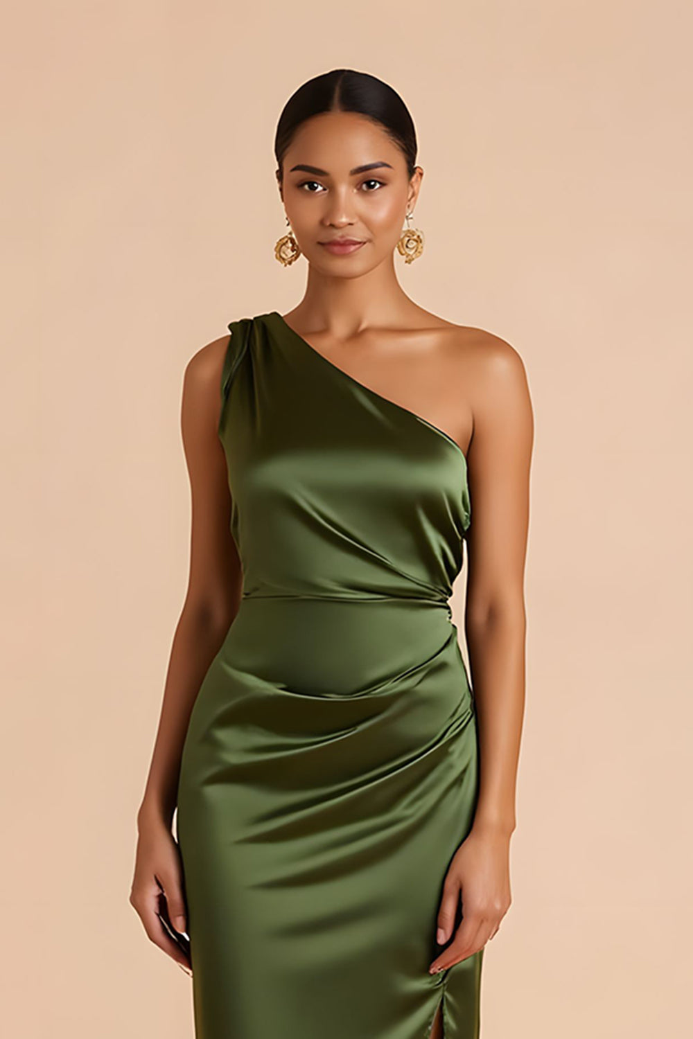 Olive Sheath One Shoulder Midi Bridesmaid Dress with Slit