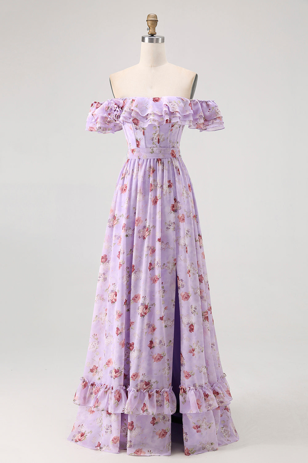 Champagne Flower Off The Shoulder Corset A-Line Bridesmaid Dress With Slit