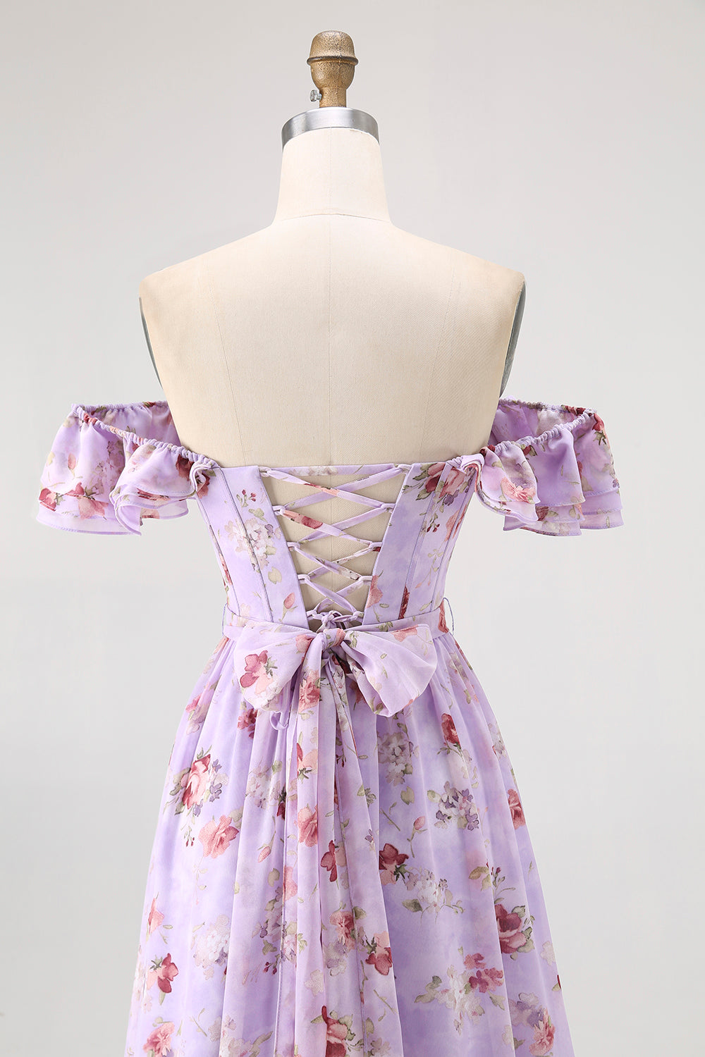 Champagne Flower Off The Shoulder Corset A-Line Bridesmaid Dress With Slit