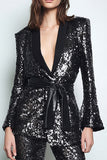 Sparkly Black 2 Piece Women Prom Suits With Sash