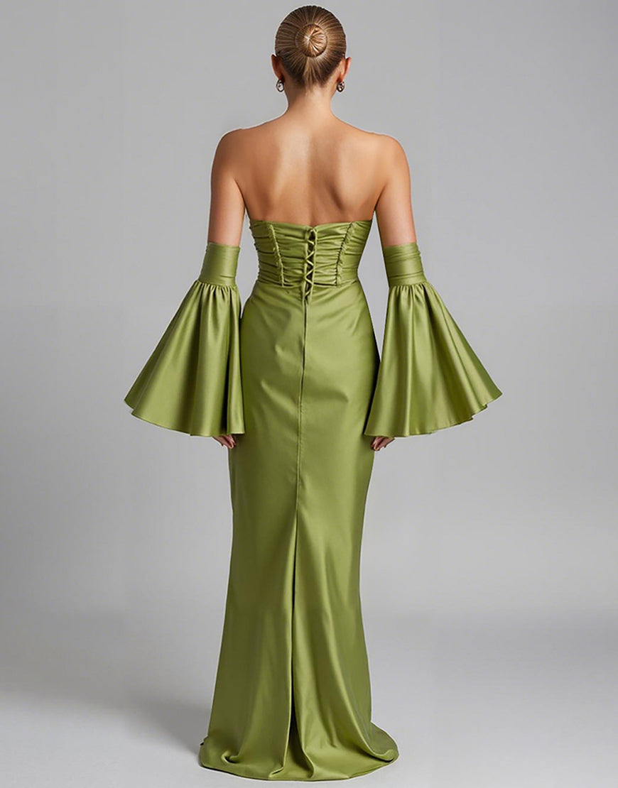 Turquoise Puff Sleeve Ruched Strapless Mermaid Evening Dress