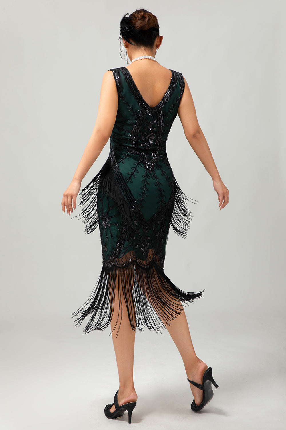Black Green Sequin Fringe V Neck 1920s Dress with 5-Piece Accessories Set