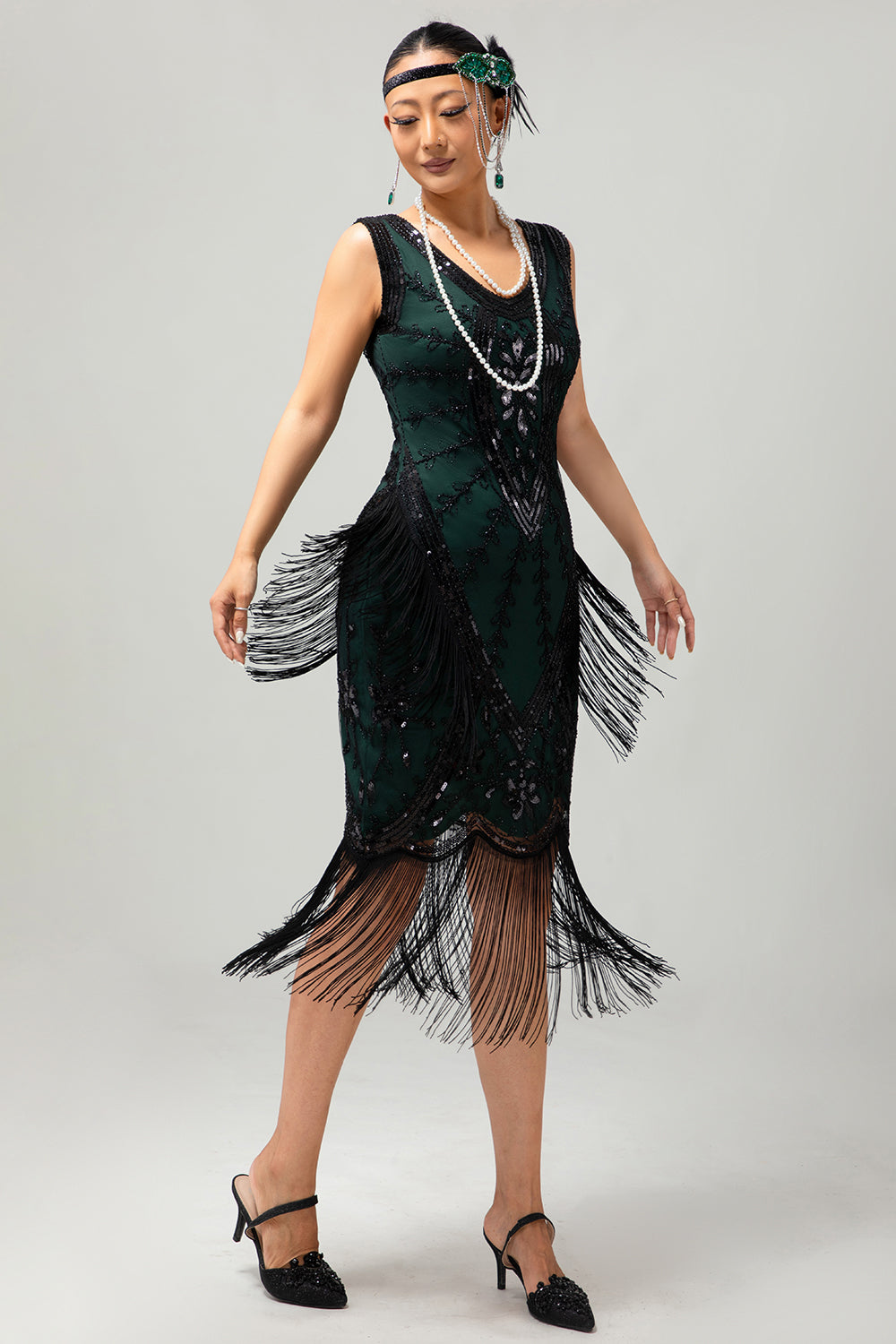 Black Green Sequin Fringe V Neck 1920s Dress with 5-Piece Accessories Set