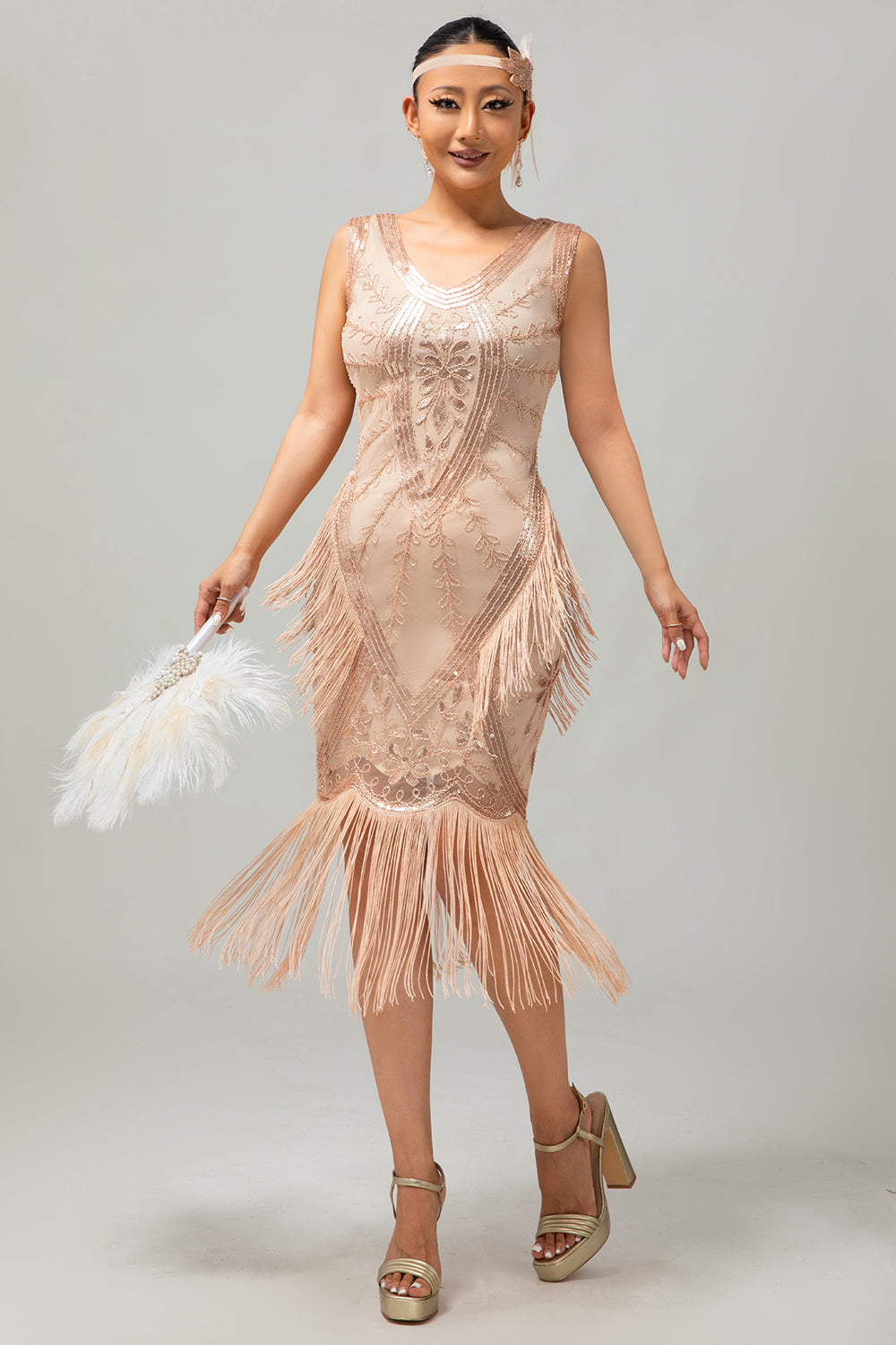 Champagne Fringed Sequins 1920s Dress with 5-Piece Accessory Set