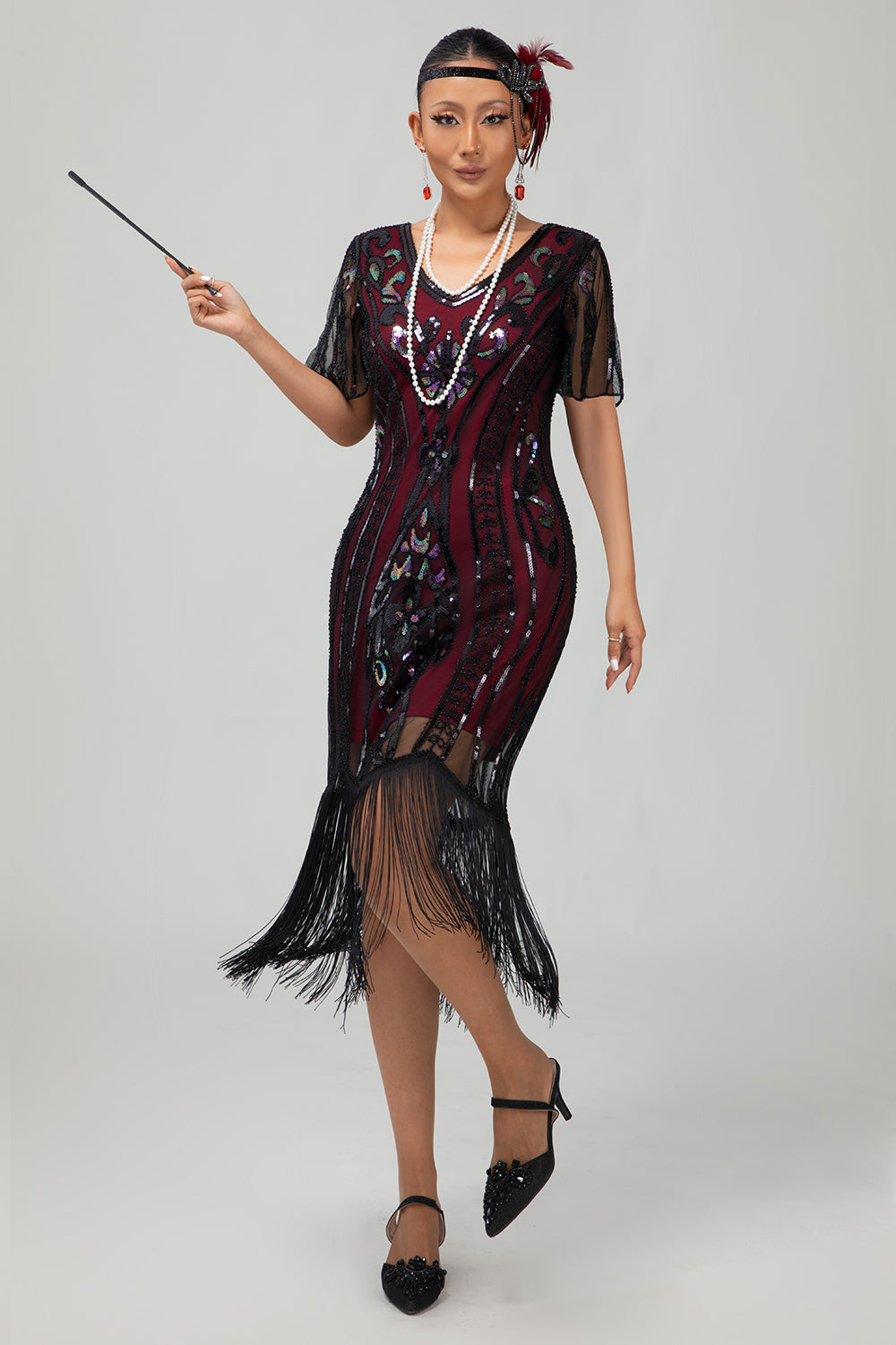 Sparkly Flapper Black Golden Sequin Bodycon Fringed 1920s Dress
