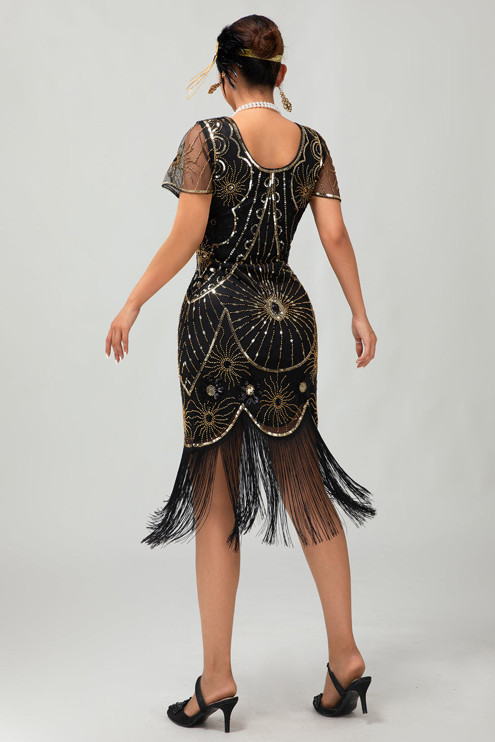 Gatsby Black Red Scoop Fringed Bodycon1920s Dress with Sequins