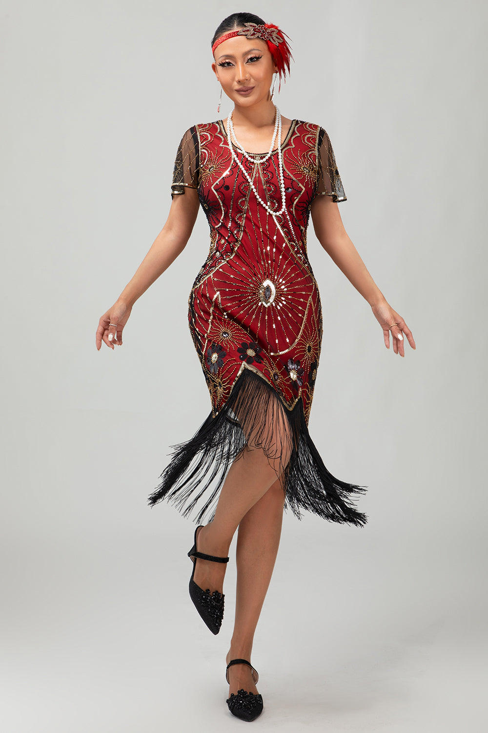 Gatsby Black Red Scoop Fringed Bodycon1920s Dress with Sequins