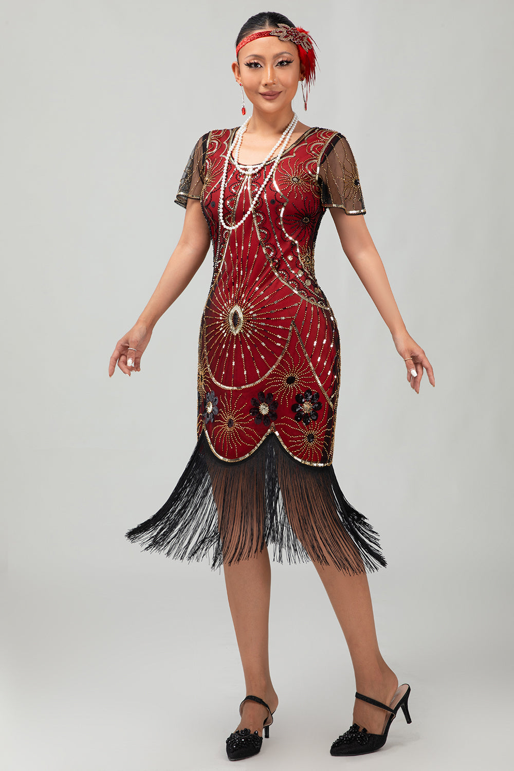 Sequin Fringed Scoop Neck Black Red 1920s Dress with 5 Piece Accessory Set