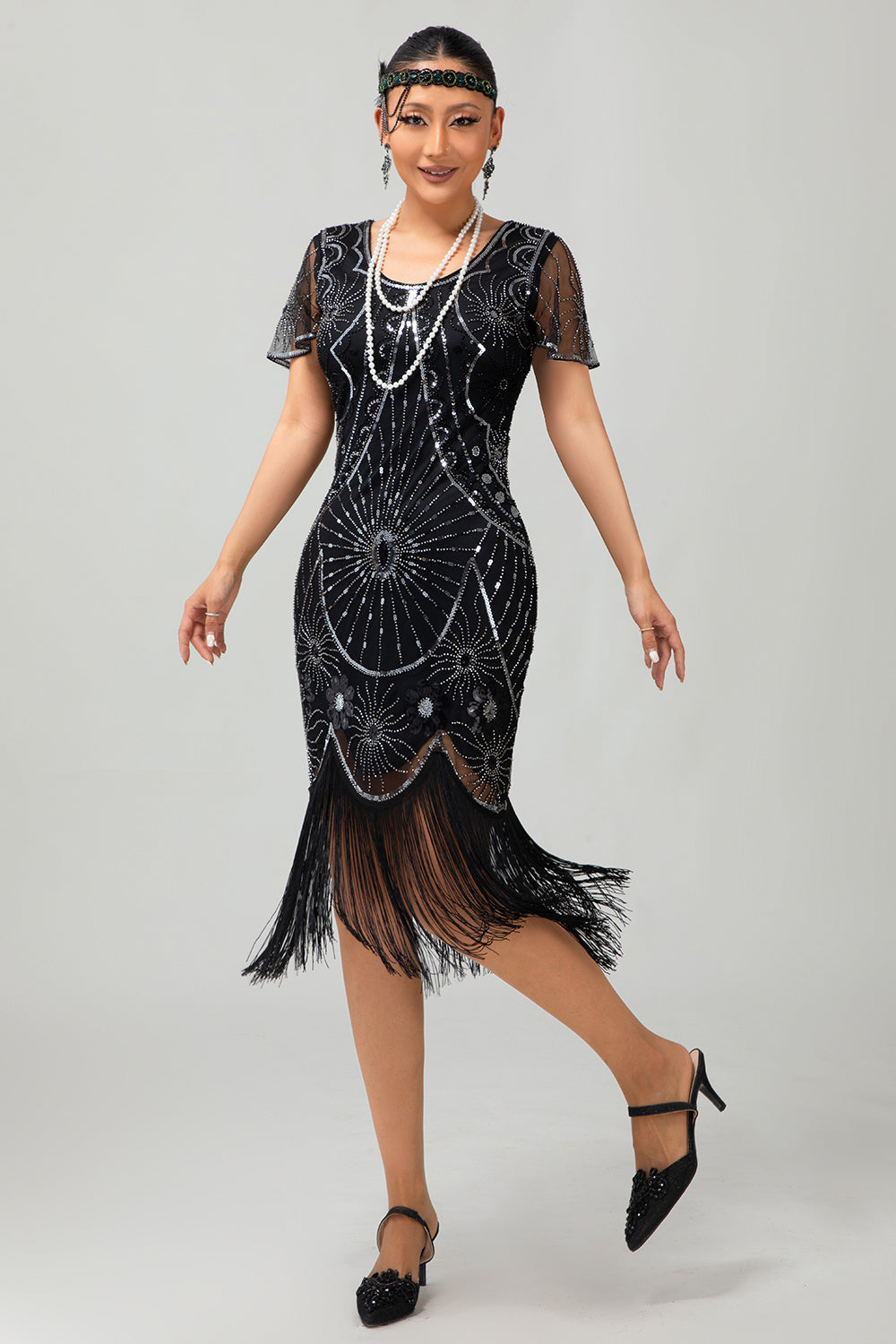 Gatsby Black Red Scoop Fringed Bodycon1920s Dress with Sequins