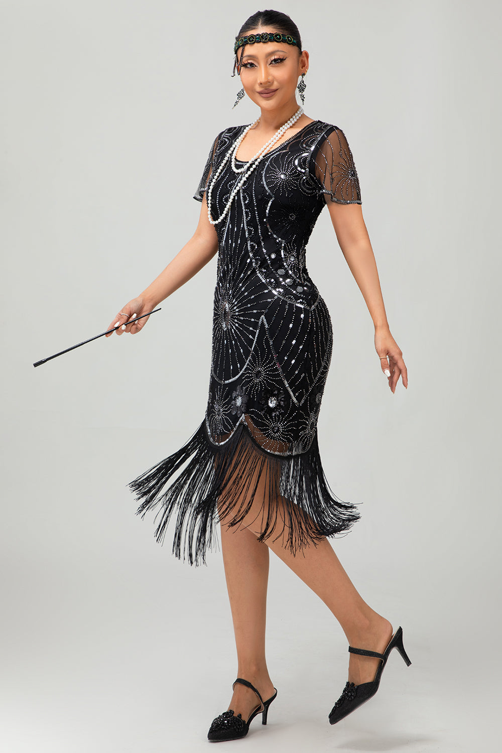 Gatsby Black Red Scoop Fringed Bodycon1920s Dress with Sequins