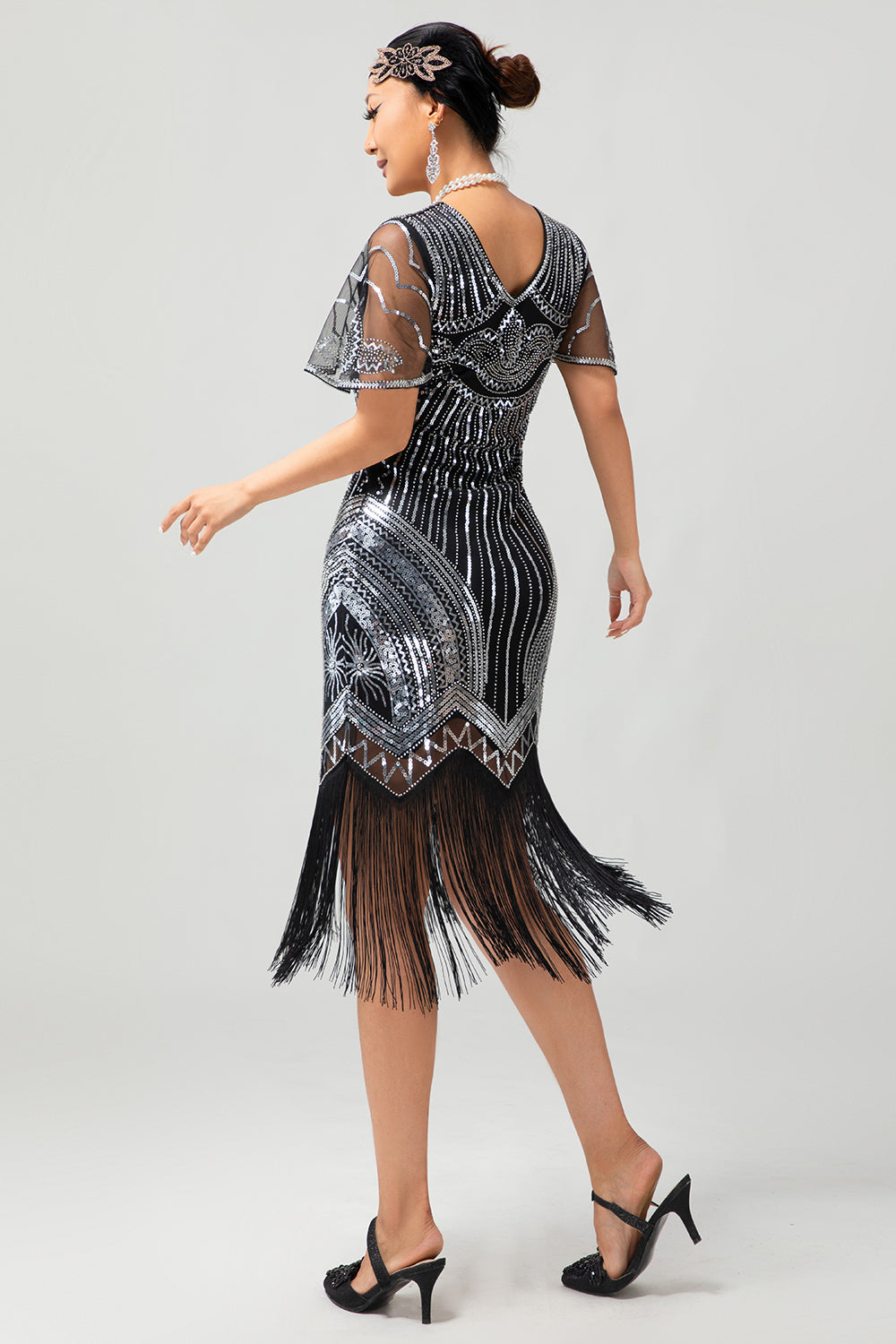 Sparkly Black Red Bodycon Fringed Short 1920s Dress With Fringes