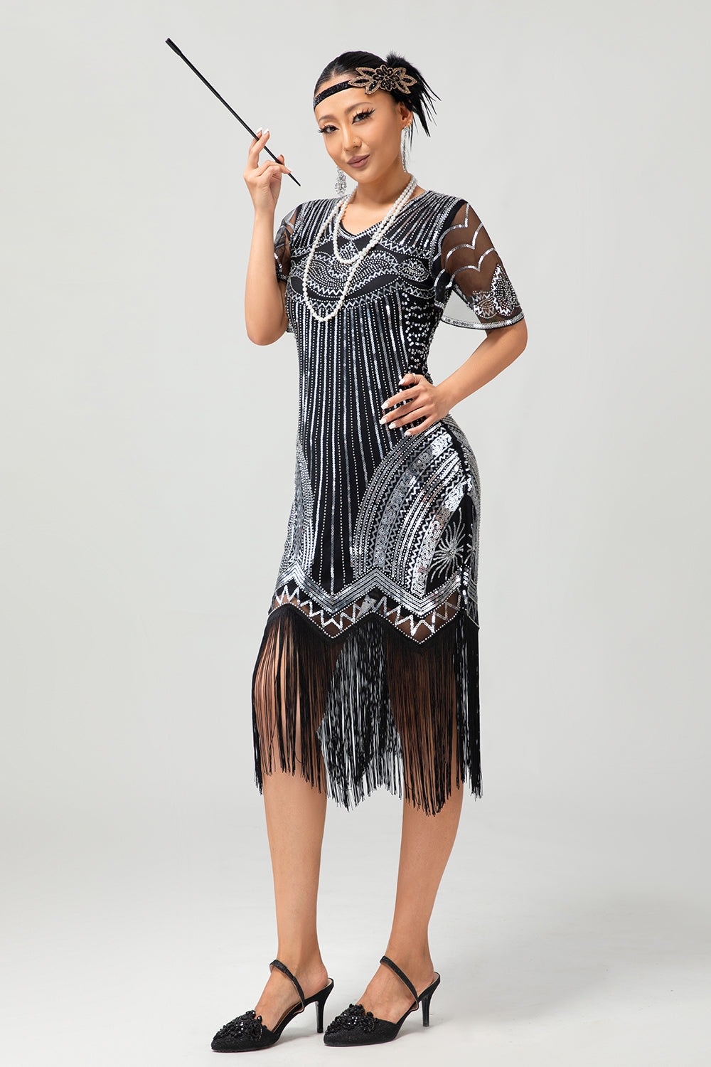 Black Silver Sequin V Neck Fringe 1920s Dress with 5-Piece Accessories Set