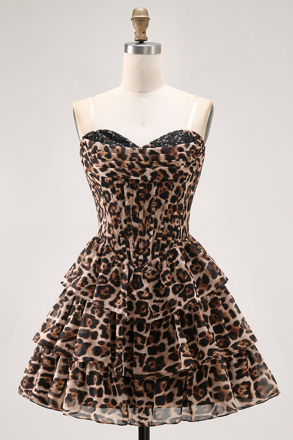Brown Leopard Strapless A-Line Corset Tiered Cocktail Dress