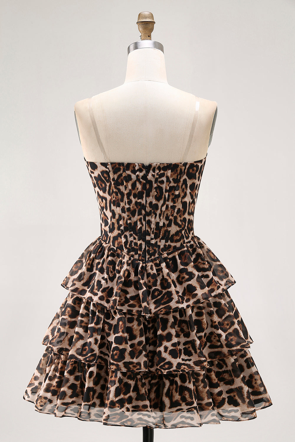 Brown Leopard Strapless A-Line Corset Tiered Cocktail Dress