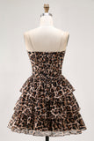 Brown Leopard Strapless A-Line Corset Tiered Cocktail Dress