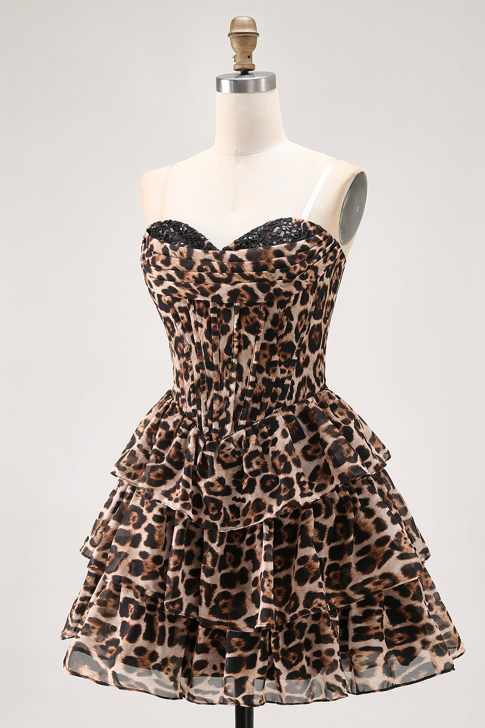 Brown Leopard Strapless A-Line Corset Tiered Cocktail Dress