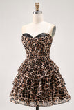 Brown Leopard Strapless A-Line Corset Tiered Cocktail Dress