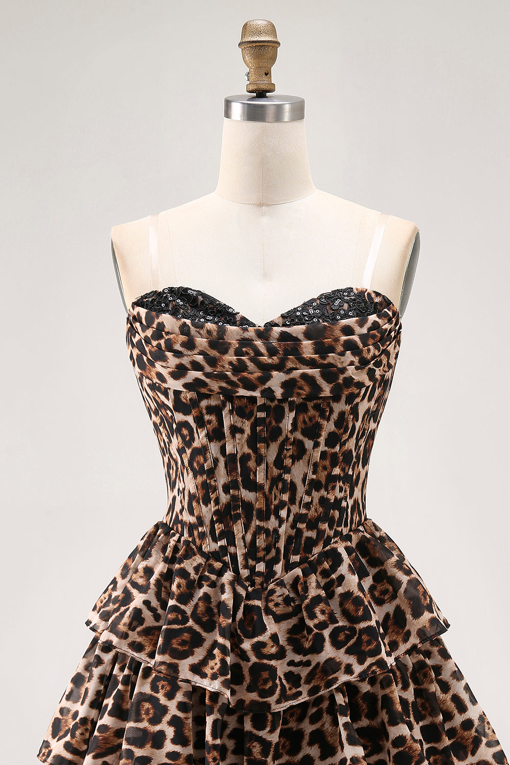 Brown Leopard Strapless A-Line Corset Tiered Cocktail Dress