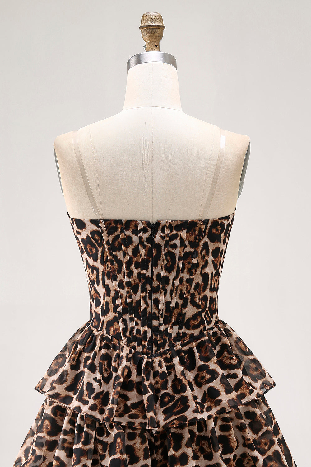 Brown Leopard Strapless A-Line Corset Tiered Cocktail Dress