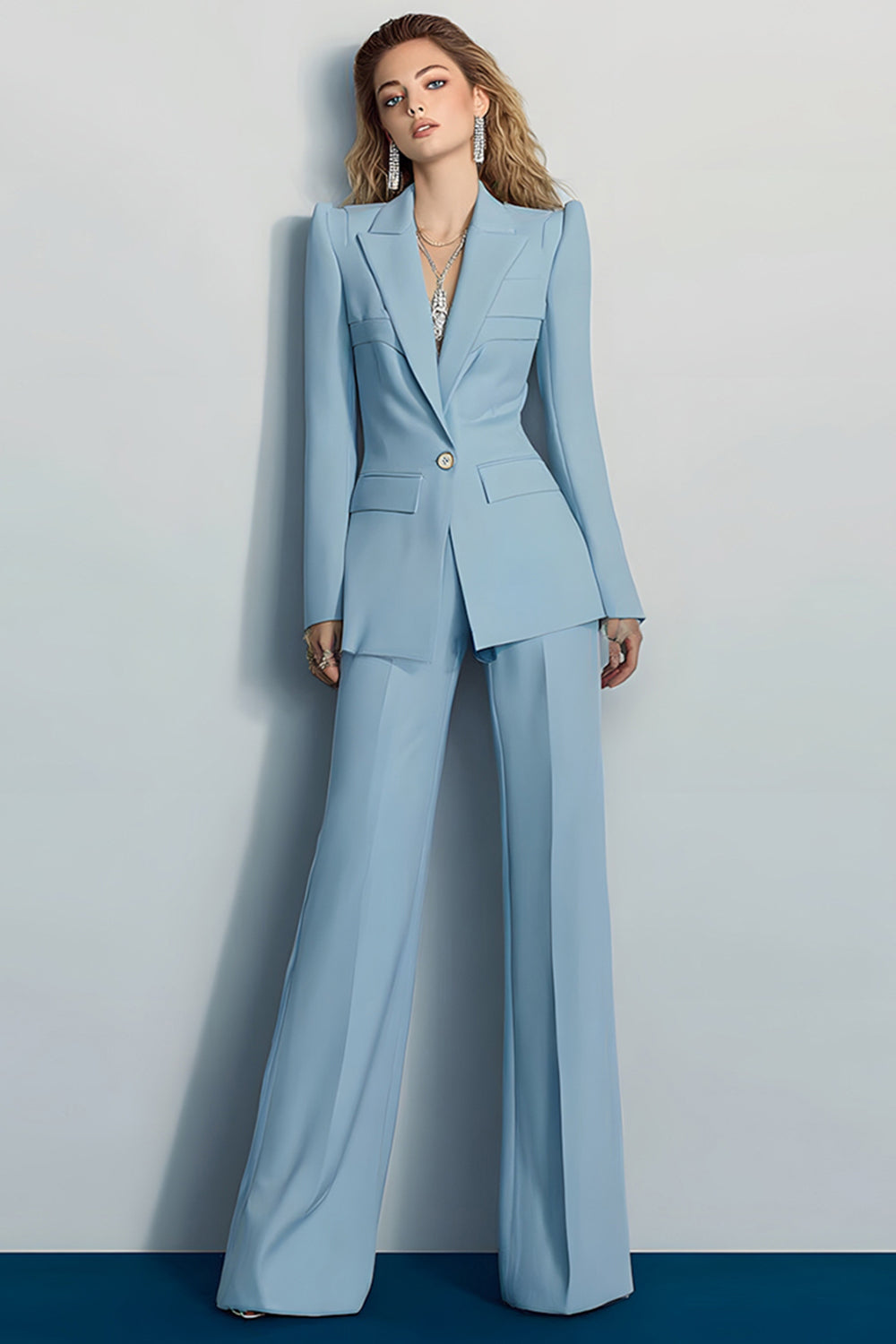 2 Piece Grey Blue Peak Lapel One Button Prom Suits