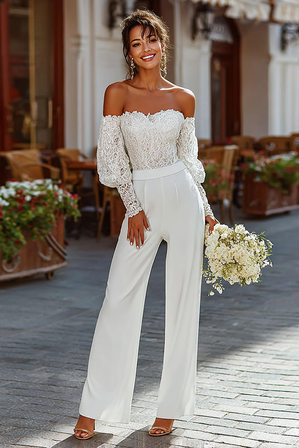 Off the Shoulder White Bridal Jumpsuits with Lace