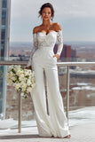 White Off the Shoulder Lace Long Bridal Jumpsuits