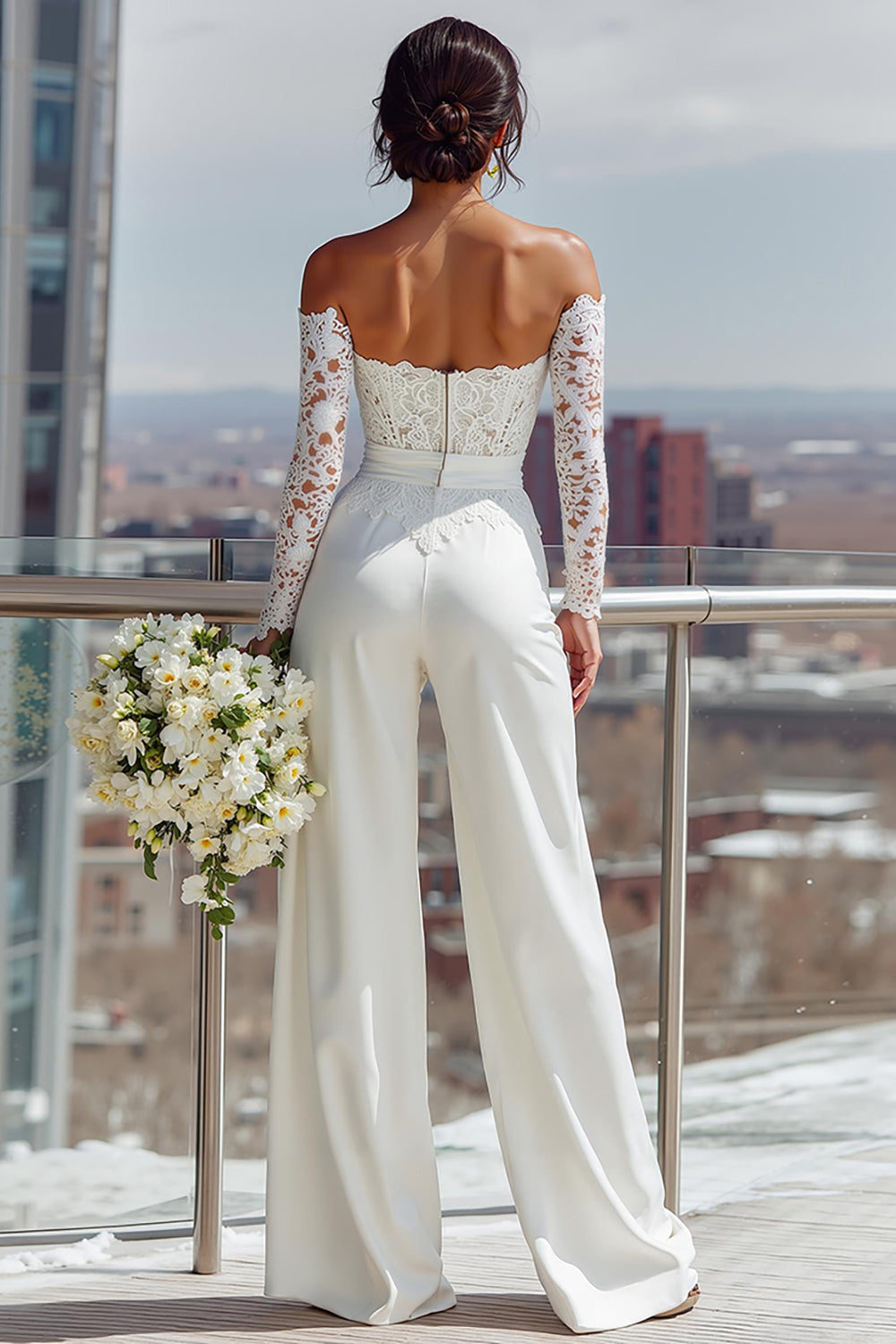 White Off the Shoulder Lace Long Bridal Jumpsuits