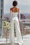 White Off the Shoulder Lace Long Bridal Jumpsuits