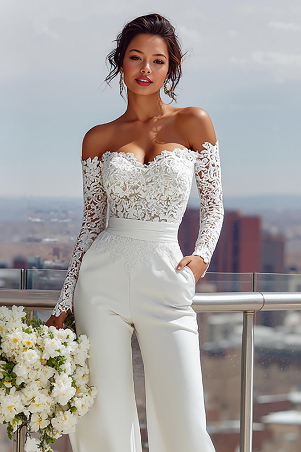 White Off the Shoulder Lace Long Bridal Jumpsuits
