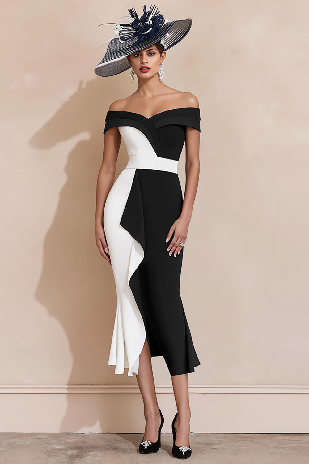 Black and White Mermaid Off The Shoulder Mother Of The Bride Dress