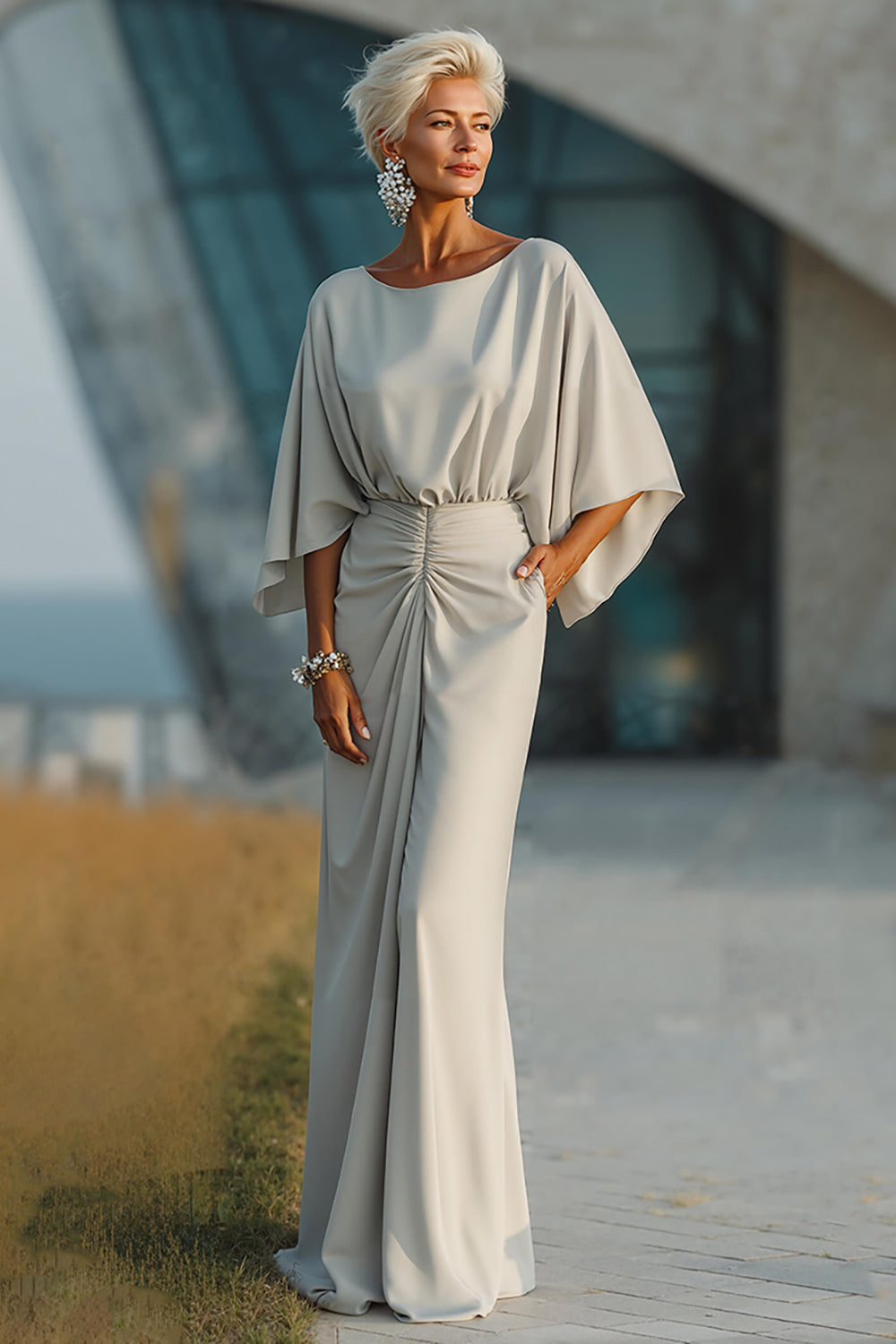 Silver Boat Neck Sheath Long Mother Of The Bride Dress